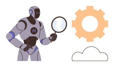 Büyüteç bulutu ile inceleyen yapay zeka robotu, dişli simgeleri teknolojiyi, veri analizini sembolize ediyor. Yapay zeka, makine öğrenimi, yenilik, otomasyon, araştırma, bulut depolama için ideal
