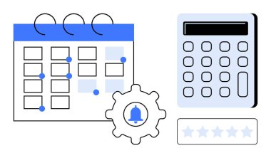 Tarih işaretli takvim, hesap makinesi, zilli dişli dişli ve yıldız dereceli sıra. Planlama, verimlilik, organizasyon, verimlilik zaman yönetimi ve hedef izleme için ideal. Basit düz