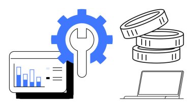 Ekranda çubuk grafik, bozuk paralar, ingiliz anahtarı ve dizüstü bilgisayarı. İş yönetimi, analitik, finans, teknoloji verimliliği geliştirme ve kurumsal iş akışı için idealdir. Kalın düz metafor
