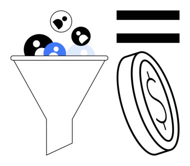 Kullanıcı simgelerinin karışımını bir dolar sikkeye filtreleyen huni. Pazarlama, dönüşüm, seyirci segmentasyonu, lider nesil, ROI, kullanıcı edinimi, veri odaklı karar verme için ideal. Basit düz
