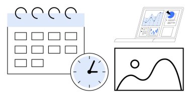 Takvim, saat, çizgi çizelgesi, bar grafiği ve soyut manzara zaman yönetimi, analiz, üretkenlik ve planlamayı temsil eder. Proje takibi için ideal araştırma stratejisi süreci