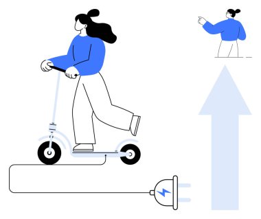 E- scooter kullanan bir kadın fişe bağlanmış. Sürdürülebilir ulaşımı gösteriyor. Hareket edebilirlik, eko-farkındalık, yenilik, enerji tasarrufu, kentsel yaşam tarzı, ileri görüşlü, basit yassı