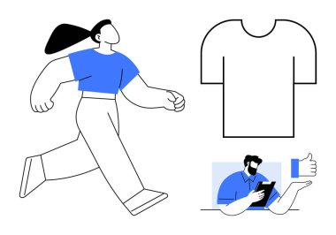 Hareketli kendine güvenen bir kadın, tişört taslağı asgari düzeyde ve tablet tutan adam onaylıyor. Takım çalışması, iletişim, giysi tasarımı, hareket, güven, pozitiflik için ideal modern yaşam tarzı