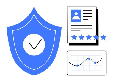 Kontrol işaretli kalkan, derecelendirme yıldızlı kullanıcı profili belgesi ve analitik şeması güvenlik, kimlik doğrulama ve veri yönetimini temsil ediyor. Siber güvenlik, analitik ve kişisel veriler için ideal