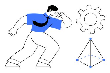 Kendine güvenen bir insan, yanında bir dişli ve geometrik bir yapı ile ilerliyor. Kariyer büyümesi, strateji, ilerleme, yenilik, takım çalışması, analitik hedef belirleme için ideal. Basit düz metafor