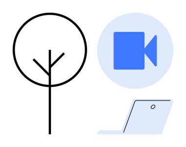 Minimalist ağaç, video kamera ikonu ve laptop doğa ve teknoloji dengesi oluşturur. Sürdürülebilirlik, uzak çalışma, dijital minimalizm, eko-teknoloji, bağlantı, medya modern yaşam için ideal