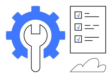 Araç ve sistem ayarları için ingiliz anahtarı, görev tamamlama için kontrol listesi, uzak çalışma için bulut. Üretkenlik, görev denetimi, onarımlar, sistem optimizasyonu, iş akışı, bakım için ideal
