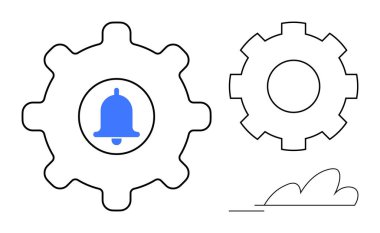 Tebligat zili, ikinci vites çizgisi ve minimalist bulutlu bir vites. Teknoloji, bilgilendirmeler, güncellemeler, otomasyon, sistem süreç verimliliği optimizasyonu için idealdir. Basit düz