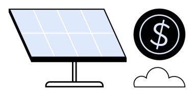 Dolar işareti ve bulutun yanındaki güneş paneli yenilenebilir enerji, maliyet tasarrufu, çevre dostluğunu temsil ediyor. Sürdürülebilirlik, yeşil enerji, teknoloji, çevre, ekonomi yeniliği için ideal