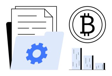 Çarklı bir klasörde depolanan belgeler dijital para birimi için Bitcoin logosu ve analitik için çubuk grafiği. Kripto para birimi, engelleme zinciri, finans, teknoloji, yenilik, analiz için ideal basit