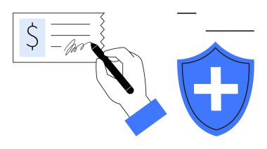 Yanında haçlı bir kalkan ve dolar işareti olan el imzalı bir çek. Finans, güvenlik, sigorta, sağlık, ödeme, sözleşmeler ve güven kavramları için idealdir. Basit düz metafor