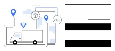 GPS pimleri, kablosuz sinyalleri ve lojistik simgeleri olan dijital yol haritasında teslimat kamyonu. Nakliye, nakliye, tedarik zinciri, e-ticaret, filo yönetimi GPS doğruluk takibi için ideal. Basit düz