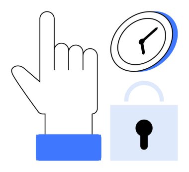 Eller yukarıyı işaret ediyor, saatler ve dakikalar içinde saat ve asma kilit giriş kontrolünü, teslim tarihlerini ve güvenliği simgeliyor. Üretim, organizasyon, dijital güvenlik ve kısıtlı erişim için ideal