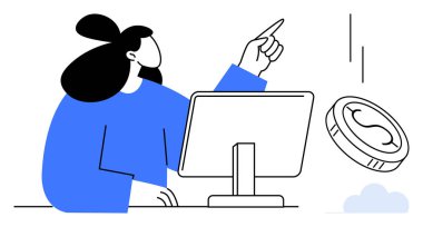 Bilgisayar ekranının yanındaki madeni parayı işaret eden kadın, planlama ve yeniliği yansıtıyor. Finans, teknoloji, dijital para birimi, yatırım, strateji, fintech girişimcilik için ideal. Temiz