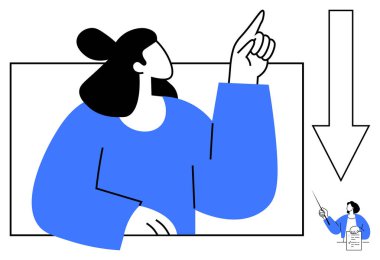 Kendine güvenen bir kadın pencerenin çerçevesinde yukarı doğru hareket eder, aşağı doğru büyük bir ok. Kağıdın yanında minyatür sunucu. Takım çalışması, rehberlik, eğitim, yaratıcılık, liderlik, odaklanma motivasyonu için ideal