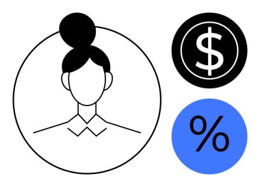 Siyah ile çevrili topuz şeklinde kadın avatarı, siyah dolar simgesi, mavi yüzde ikonu. Finans, bankacılık, bütçe, tasarruf, yatırım pazarlama ekonomisi için idealdir. Basit düz