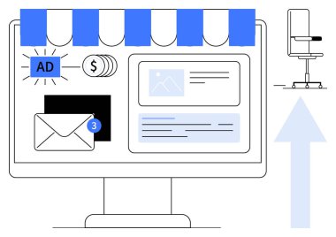 Reklam görüntüleme ekranı, bildirim e-postası, tepe örtüsü, dolar paraları ve yukarı doğru ok. Çevrimiçi iş, reklam, e-ticaret, iletişim pazarlama stratejisi satış büyümesi için ideal