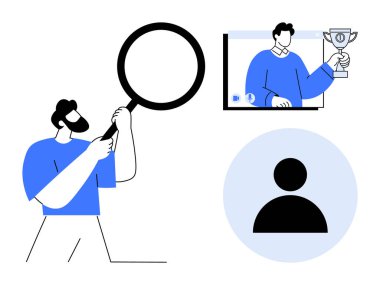 Büyüteç kullanan bir adam, kupa gösteren bir videodaki bir kişi ve analizi, çevrimiçi iletişimi, tanımayı ve kimliği temsil eden bir kullanıcı profili ikonu. İş ve takım çalışması için ideal.