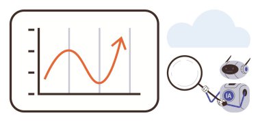 Robotlar büyüteçle bir büyüme grafiği üzerinde çalışıyorlar ve bulut tabanlı teknolojiye bağlılar. Veri analizi, yapay zeka, büyüme takibi, bulut hesaplama, yenilik, otomasyon için ideal