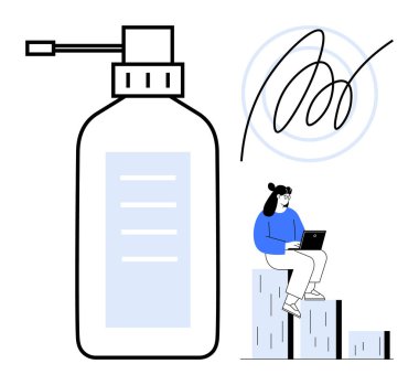 Geniş bir sprey şişe ve pompa ile soyut karalama ve küçük blok basamaklarında oturan dizüstü bilgisayar kullanan bir kadın. Temizlik, iş hayatı dengesi, verimlilik, refah, yaratıcılık, modernlik için ideal