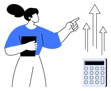 Elinde tablet tutan ve hesap makinesinin yanındaki yukarı bakan oklar büyüme, analiz ve finansal planlamayı sembolize ediyor. İş, eğitim, pazarlama, finans, hırs yeniliği için ideal