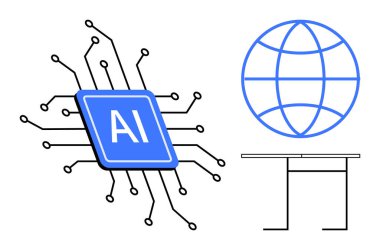 Devre çizgileri, küresel kablo çerçevesi ve masa başı teknolojiyi, bağlantıyı, yeniliği, küresel ulaşımı, dijital dönüşümü, modern çalışma alanını, basit düz metaforu sembolize eden yapay zeka işlemcisi.