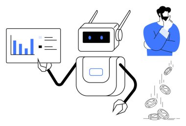 Robot elinde veri eğilimlerini açıklayan çizelge, mali durumu gösteren ve düşen madeni paralar. Yapay zeka, veri analizi, karar verme, otomasyon, iş, teknoloji yeniliği için ideal. Basit.