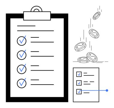Görev listeli pano, kontrol işaretleriyle tamamlandı. Düşen paralar finansal başarıyı simgeler. Üretkenlik, organizasyon, hedef izleme, mali strateji, iş planlaması için ideal