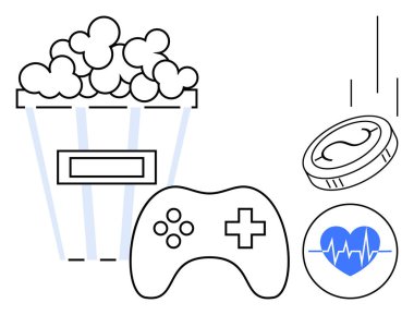 Patlamış mısır kovası, oyun kumandası, bozuk para ve kalp, nabız çizgisi, eğlence, oyun, sağlık ve finansal büyüme. Yaşam tarzı için ideal, eğlence sağlık hizmetleri zenginlik ihraç ediyor