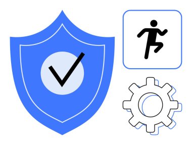 İşaretli mavi kalkan, dişli, kare şeklinde çalışan figür. Güvenlik, fitness, bakım, güvenilirlik, eylem verimliliği ağı güvenliği için idealdir. Basit düz metafor
