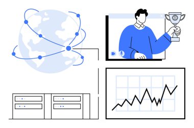 Bağlı noktaları olan dünya, büyümeyi gösteren çizelge, sunucu altyapısı ve dijital ekranda bir kupa tutan kişi. Teknoloji, iş, pazarlama, başarı ve ağ verileri için ideal
