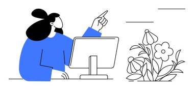 Bilgisayarlı bir kadın çiçeklere doğru işaret ediyor. Yaratıcılık, eğitim, odaklanma, yenilik, çevre dostu temalar, tasarım, ilham için idealdir. Basit düz metafor