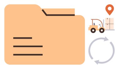 Büyük dosya klasörü, forklift kutular, lokasyon iğnesi ve dairesel oklar. Teslimat, tedarik zinciri, belge depolama, izleme, dağıtım lojistik yönetimi organize sistemleri için ideal