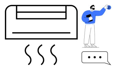 Klima ısı dalgalarını serbest bırakırken bir adam uzaktan kumandalı bir belgeyi tutuyor, diyalog balonu. İklim kontrolü, teknoloji, enerji verimliliği, akıllı ev, konfor, sıcaklık ayarlaması için ideal