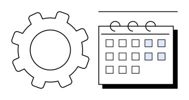Vurgulanmış tarihli bir takvimin yanında, planlama, verimlilik ve görev yönetimini sembolize eden bir takvim. Üretim, organizasyon, iş akışı, proje yönetimi ve iş planlama için ideal