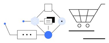 Birbirine bağlı düğümlerle, dijital elementlerle ve alışveriş arabasıyla soyut tasarım. E-ticaret, otomasyon, teknoloji, sistem entegrasyonu, veri akışı, perakende stratejisi için ideal basit düz metafor