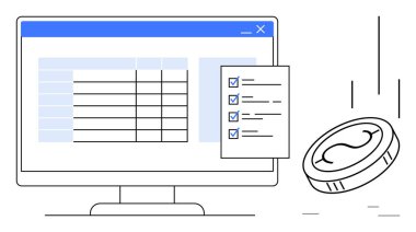 Bilgisayar ekranında hesap tablosu, tamamlanmış görevler listesi ve düşen madeni para gösterilir. Finans, bütçe, proje yönetimi, organizasyon, iş planlaması, strateji ve hedef izleme için ideal