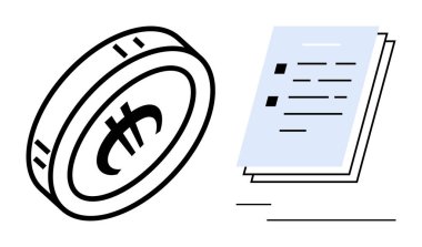 Ödeme, bütçe, sözleşme ya da mali raporlar öneren bir mali belgenin yanında para sembolü bulunan sikke. Finans, iş, muhasebe, yatırım anlaşmaları e-ticaret için ideal