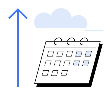 Bir bulutun altındaki takvimin yanındaki yukarı ok büyümeyi, zamanlamayı, planlamayı ve üretkenliği simgeliyor. İş stratejisi, hedef belirleme, kariyer ilerlemesi, zaman planlama iş akışı için ideal