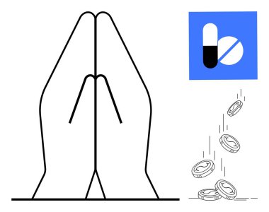 İki el dua pozisyonunda, bir hap grafiği ve bozuk paralar düşüyor. Sağlık, inanç, maliyet, yardım, şifa veren ilaç endüstrisi ve umut için idealdir. Basit düz metafor
