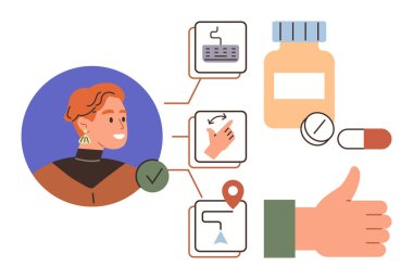 Kullanıcı profili, teknoloji, jestler ve konum görevleri için kontrol listesi simgeleri, ilaç şişesi, haplar ve onaylama etkileşimi. Teknoloji için ideal, sağlık hizmetlerine uyum sağlayıcı geribildirimi