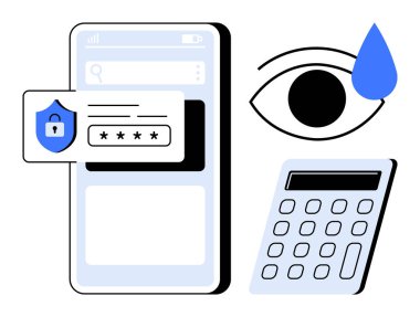Akıllı telefon güvenlik kalkanlı şifre girdisi, bir damla gözlü ve bir hesap makinesi gösteriyor. Gizlilik koruması, veri güvenliği, kimlik denetimi, teknoloji, finans ve izleme için ideal