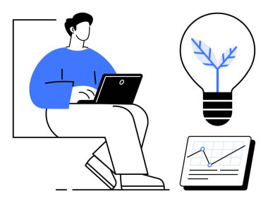 Dizüstü bilgisayar kullanmak verimliliği sembolize eder. Bitkili ampul, ekolojik yeniliği simgeler. Veri tablosu analizi gösteriyor. Yenilik için ideal, sürdürülebilirlik, yaratıcılık, büyüme