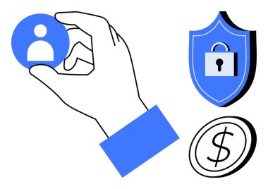 Elle tutulan kullanıcı simgesi, kalkan kilidinin yanında mali koruma için veri güvenliğini ve dolar parasını temsil ediyor. Veri gizliliği, kimlik doğrulama, fintech, siber güvenlik, güven, kullanıcı için ideal