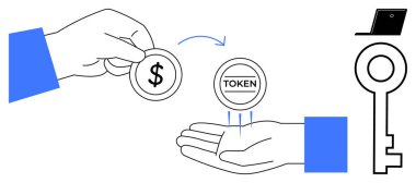 Jeton, dizüstü bilgisayar ve anahtarla el değiştirerek dijital ödeme, şifreleme, güvenlik, engelleme zinciri, e-ticaret ve sembol ekonomisi elde edilir. Finansman fintech güvenli işlemler için ideal