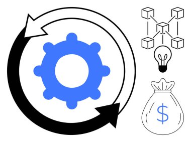İşlem akışı için dairesel oklar, küpler, yenilik için ampul, finansal büyüme için para torbası. Teknoloji, finans, verimlilik, yenilik, engelleme süreci için ideal