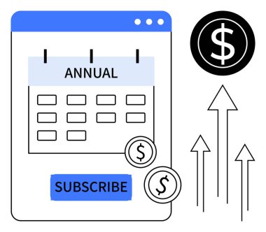 Abonelik düğmesi, ödeme paraları, para birimi sembolü ve yukarı doğru okları olan yıllık abonelik takvimi. İş, gelir, abonelik, ekonomik büyüme planlaması için idealdir. Basit düz