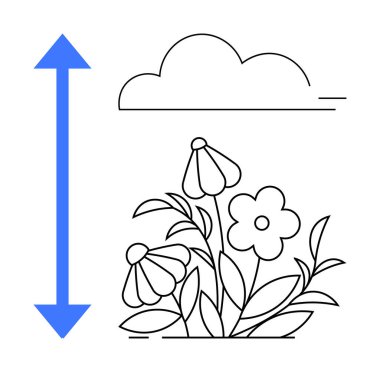 Çiçekler ve yapraklar bir bulutun altında yukarı doğru yükselen mavi bir ok ile büyümeyi, ilerlemeyi veya değişimi vurgulayarak büyürler. Eğitim, çevre, doğa, kalkınma, büyüme ve başarı için ideal
