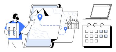 Sırt çantalı gezgin işaretler arasında dijital harita işaretleme yolu üzerinde. Dizüstü bilgisayar ve takvim açmak seyahat planlama, navigasyon ve programlamayı sembolize eder. Seyahat ve turizm için ideal