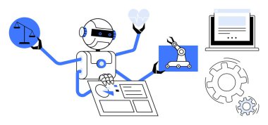Denge ölçeği, mekanik kol, dişliler, çizelgeler, dizüstü bilgisayarlar ve kalp ikonu ile robot çoklu görevi. Yapay zeka için ideal, robot otomasyonu karar verme yeniliği iş akışı teknolojisi. Basit düz